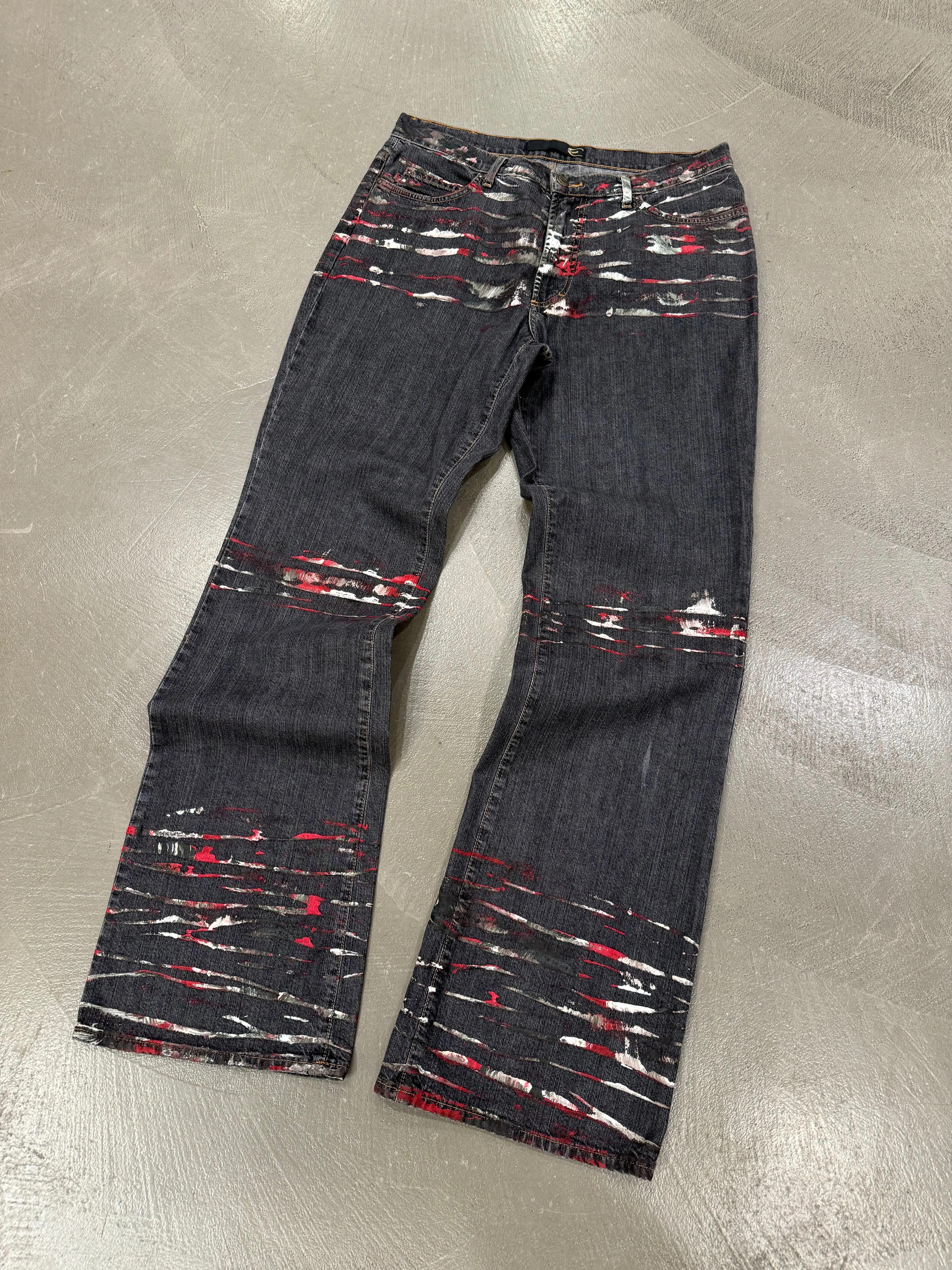 2001 Just Cavalli distressed paint splatter flare jeans