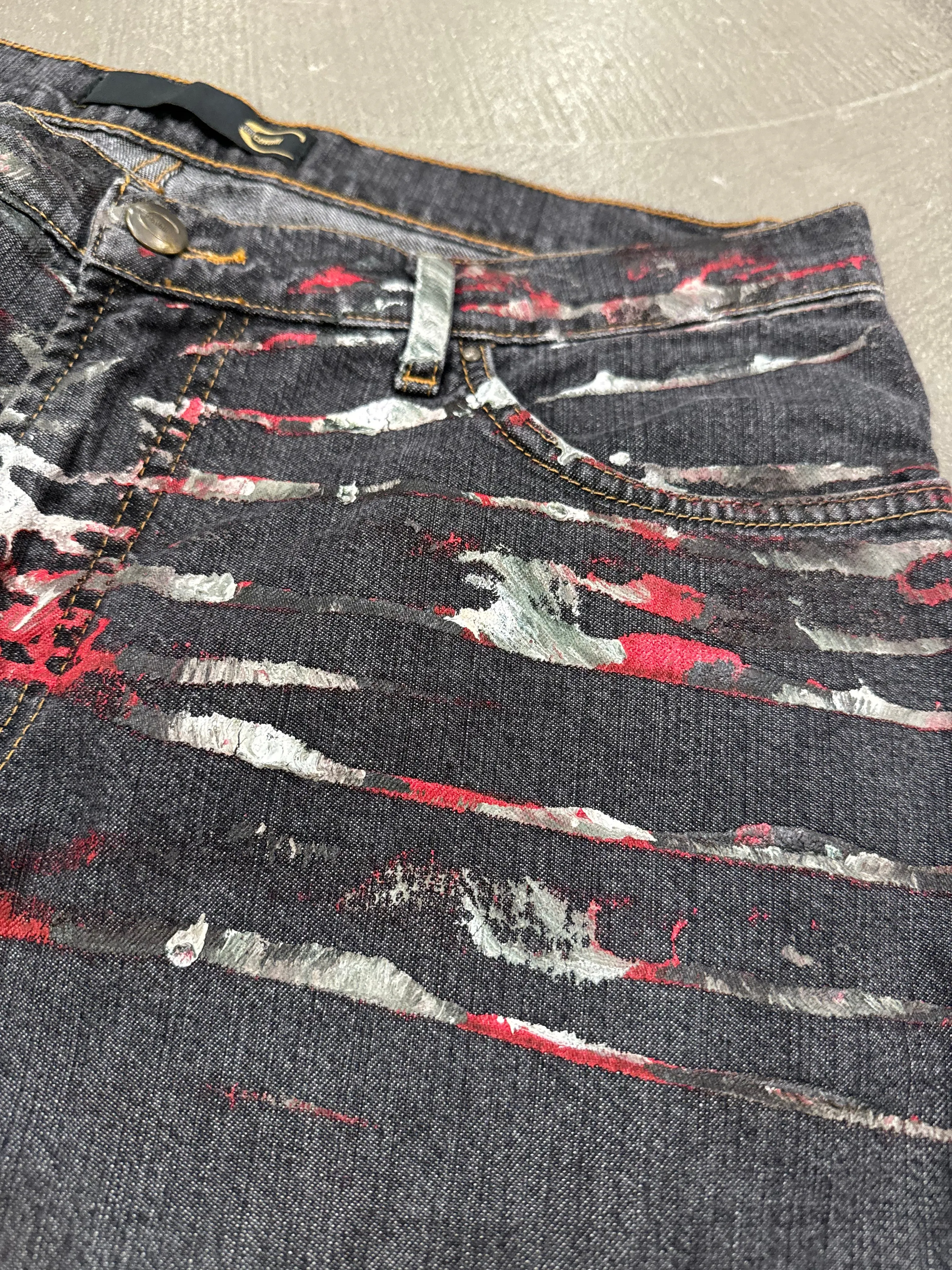 2001 Just Cavalli distressed paint splatter flare jeans