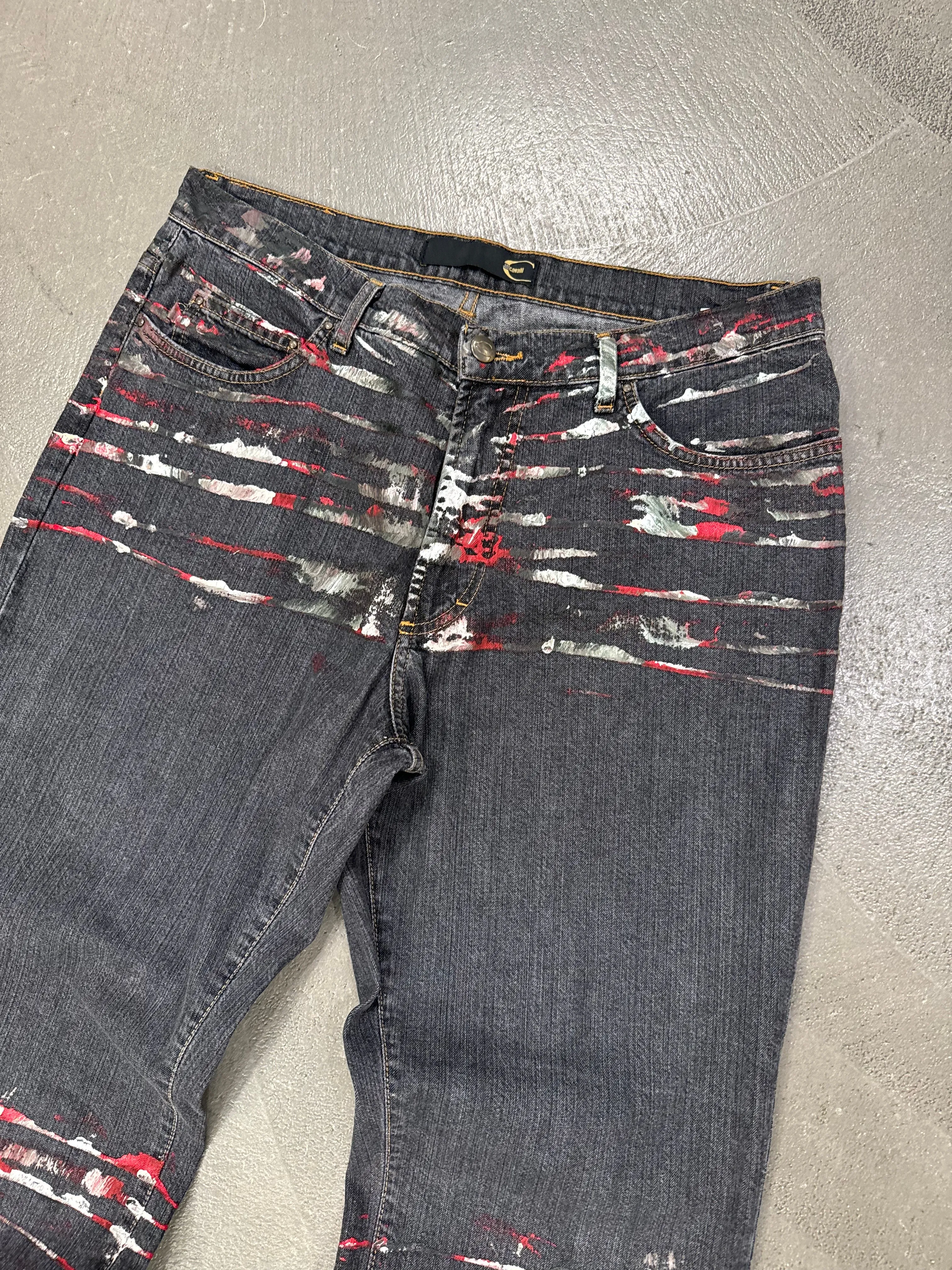 2001 Just Cavalli distressed paint splatter flare jeans