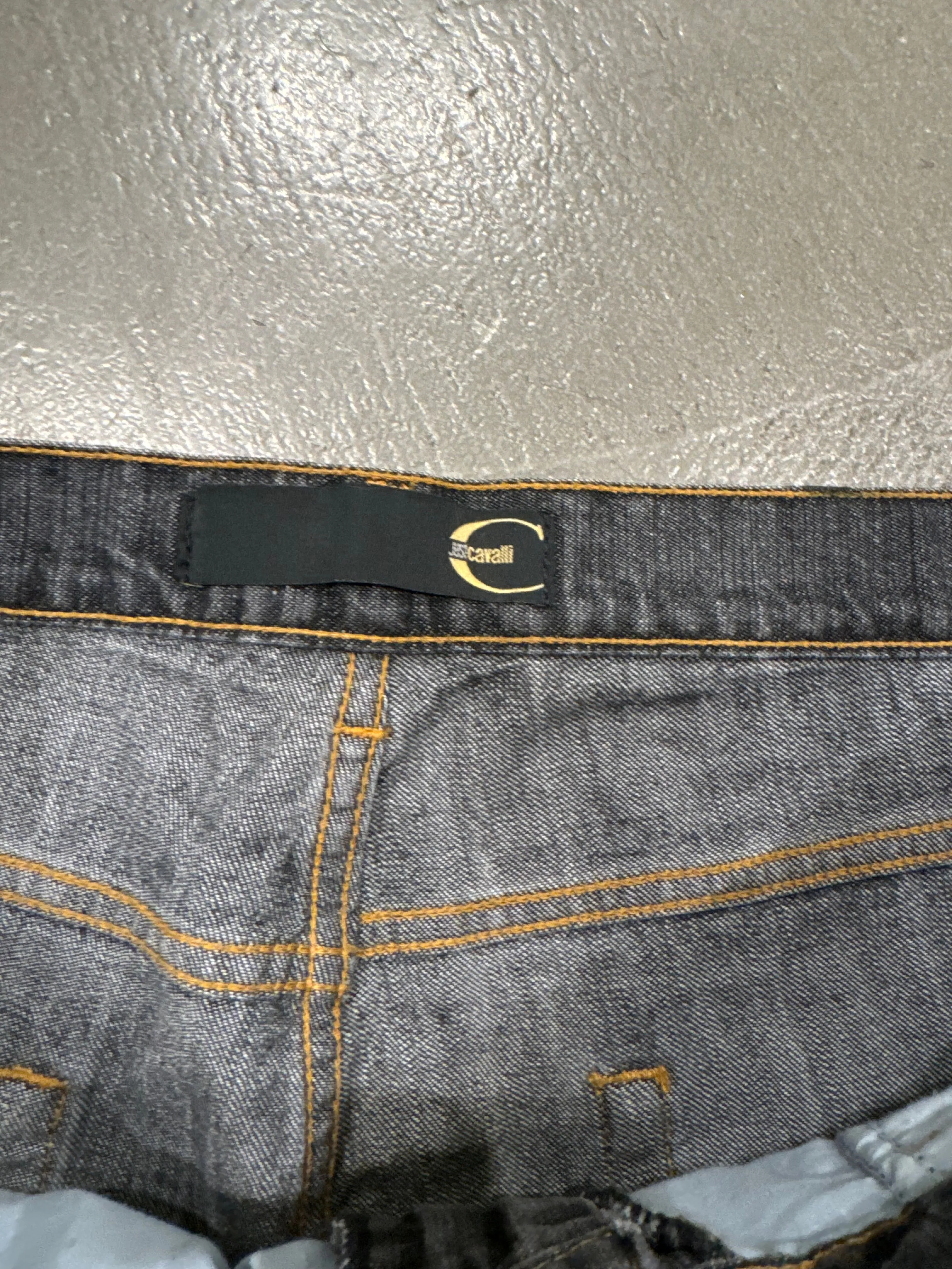 2001 Just Cavalli distressed paint splatter flare jeans