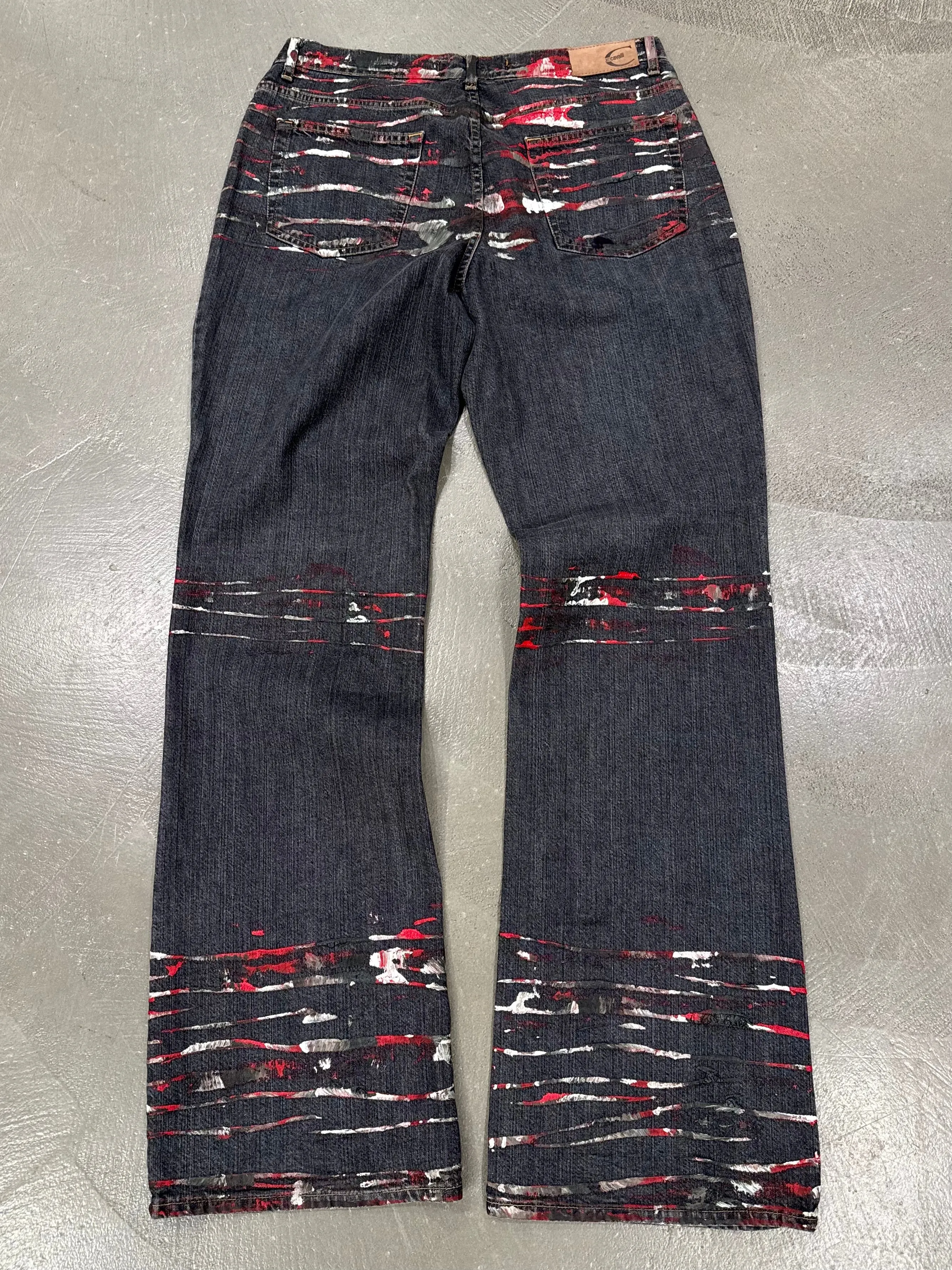 2001 Just Cavalli distressed paint splatter flare jeans