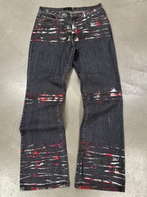 2001 Just Cavalli distressed paint splatter flare jeans