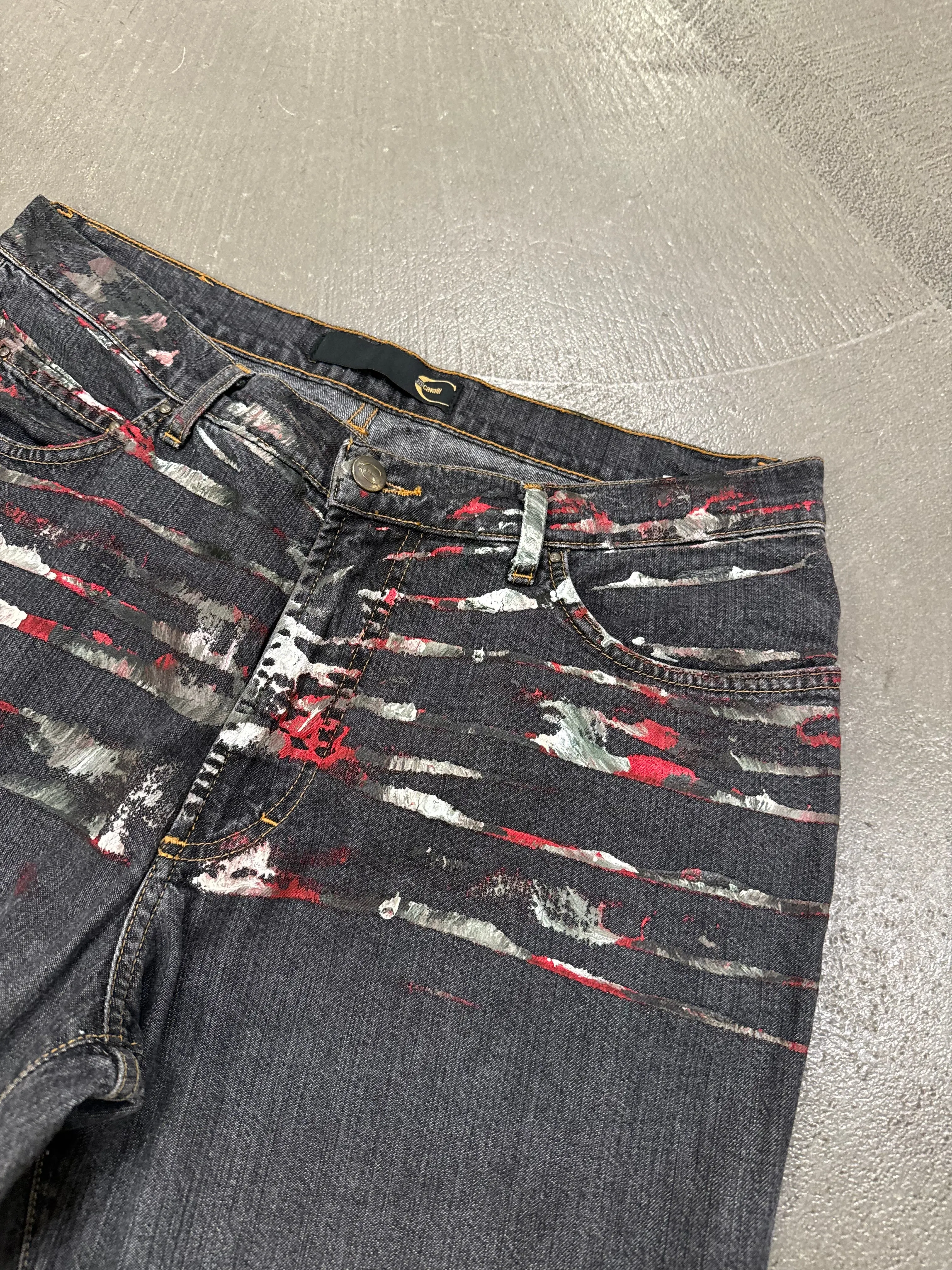 2001 Just Cavalli distressed paint splatter flare jeans