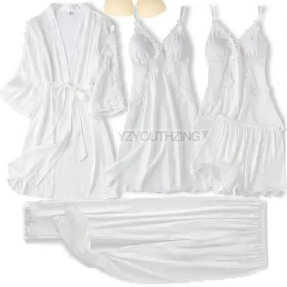 5PCS Robe Suit Satin Women Nightwear Lace Kimono Gown Bridal Wedding Bathrobe Set Sexy Pajamas V-Neck Sleepwear Lounge Lingerie