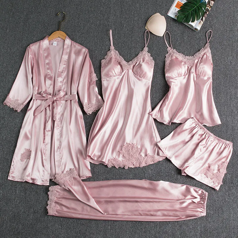 5PCS Satin Pajamas & Robe Set