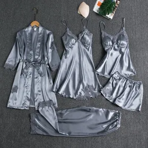 5PCS Satin Pajamas & Robe Set
