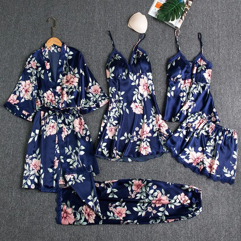 5PCS Satin Pajamas & Robe Set