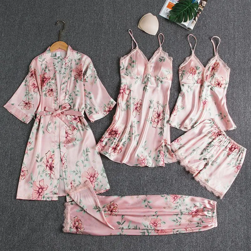 5PCS Satin Pajamas & Robe Set