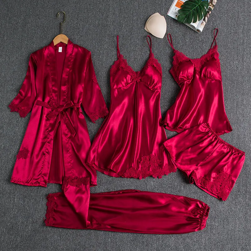 5PCS Satin Pajamas & Robe Set