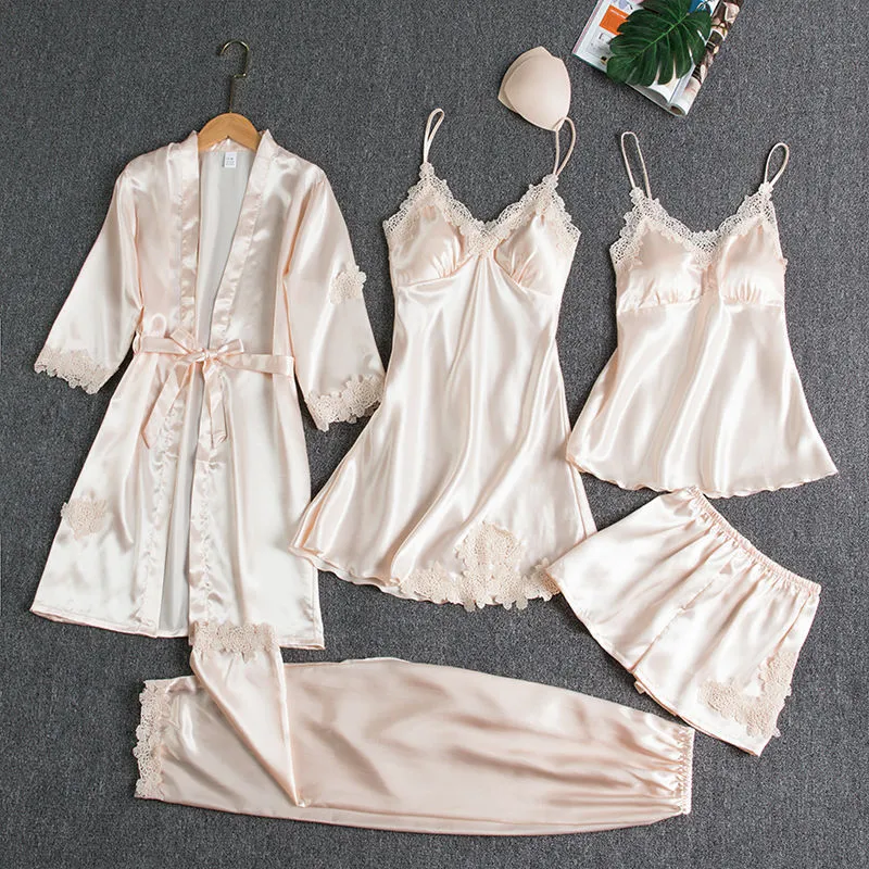 5PCS Satin Pajamas & Robe Set