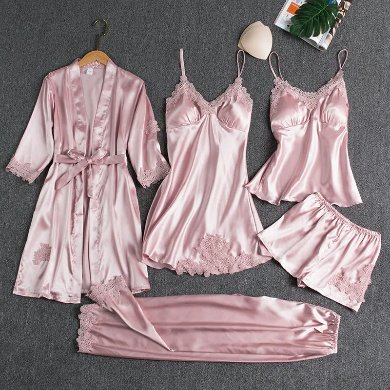 5PCS Satin Pajamas & Robe Set