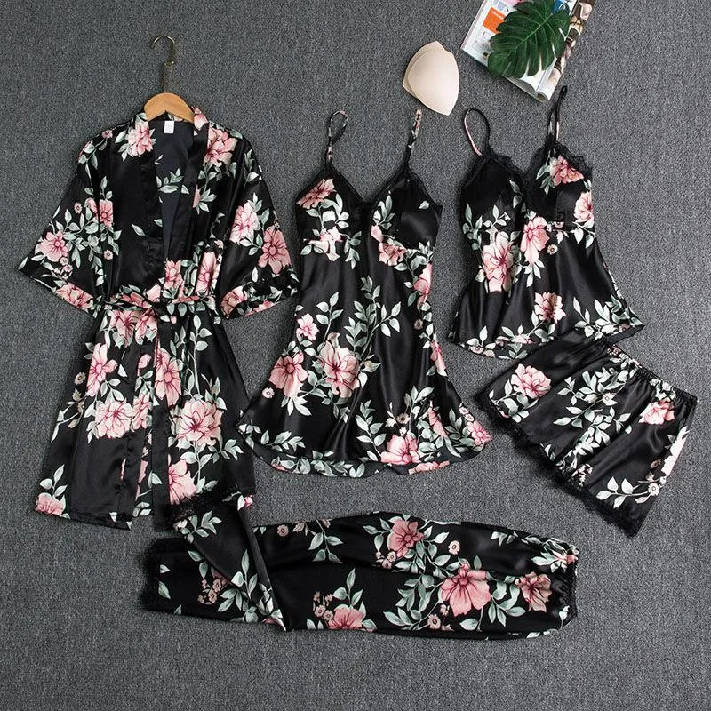 5PCS Satin Pajamas & Robe Set