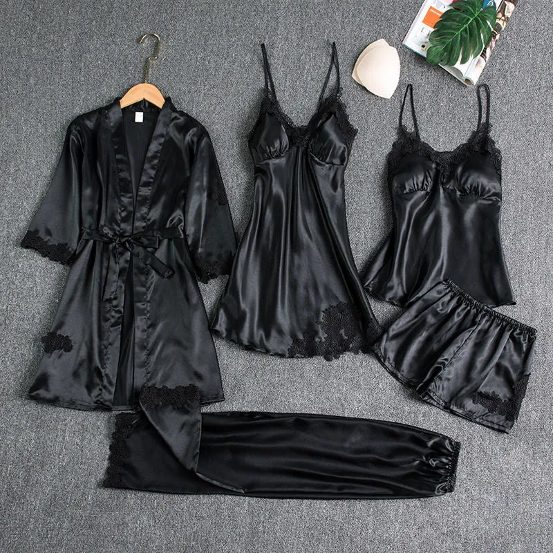 5PCS Satin Pajamas & Robe Set