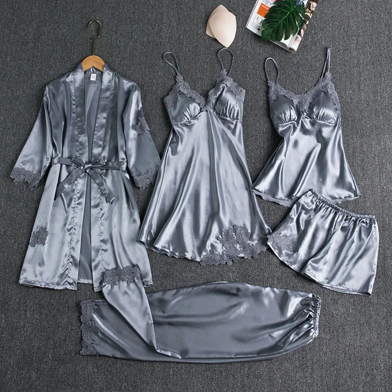 5PCS Satin Pajamas & Robe Set
