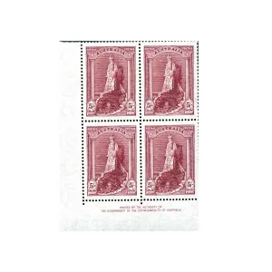 Australia 1948 5/- Coronation Robes Stamp Thin Paper Authority Imprint Block of Four Mint Unhinged