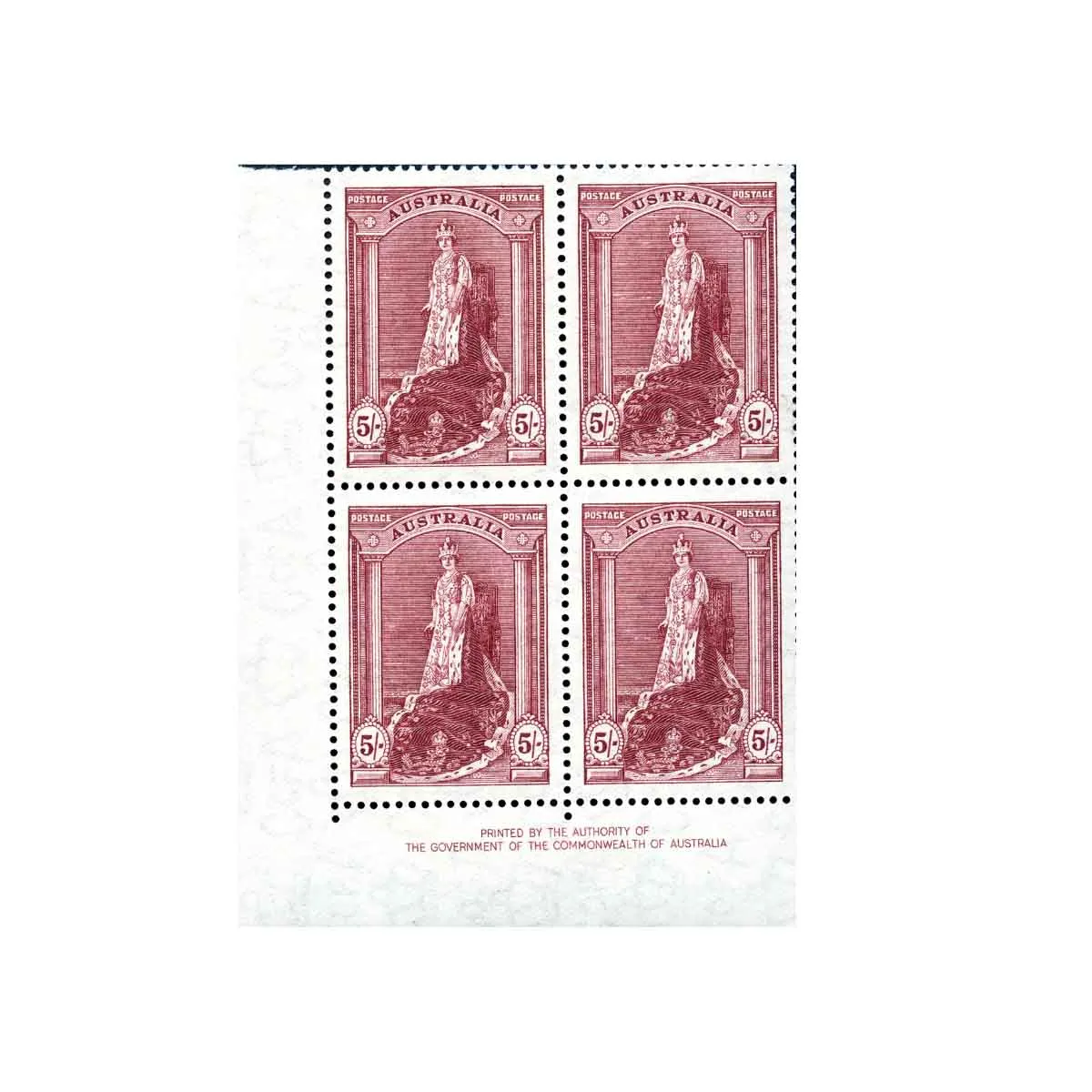 Australia 1948 5/- Coronation Robes Stamp Thin Paper Authority Imprint Block of Four Mint Unhinged