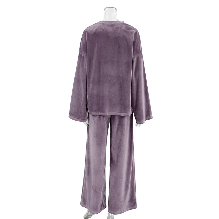 Autumn Velvet Purple Long Sleeve Warm Pajamas Sets