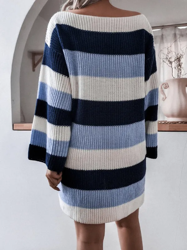 BerryBetty - Women's Straight Neck Off Shoulder Loose Contrast Striped Knitted Wool Sweater Dress