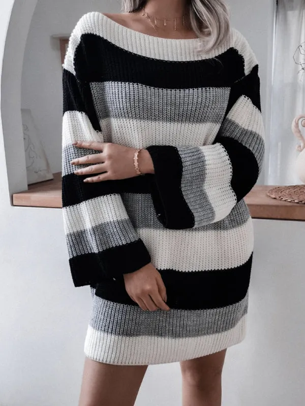 BerryBetty - Women's Straight Neck Off Shoulder Loose Contrast Striped Knitted Wool Sweater Dress
