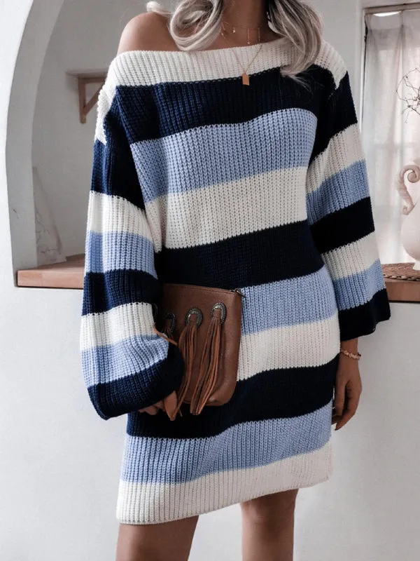 BerryBetty - Women's Straight Neck Off Shoulder Loose Contrast Striped Knitted Wool Sweater Dress