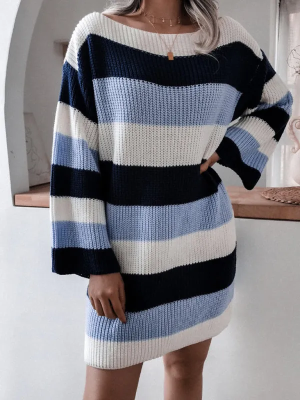 BerryBetty - Women's Straight Neck Off Shoulder Loose Contrast Striped Knitted Wool Sweater Dress