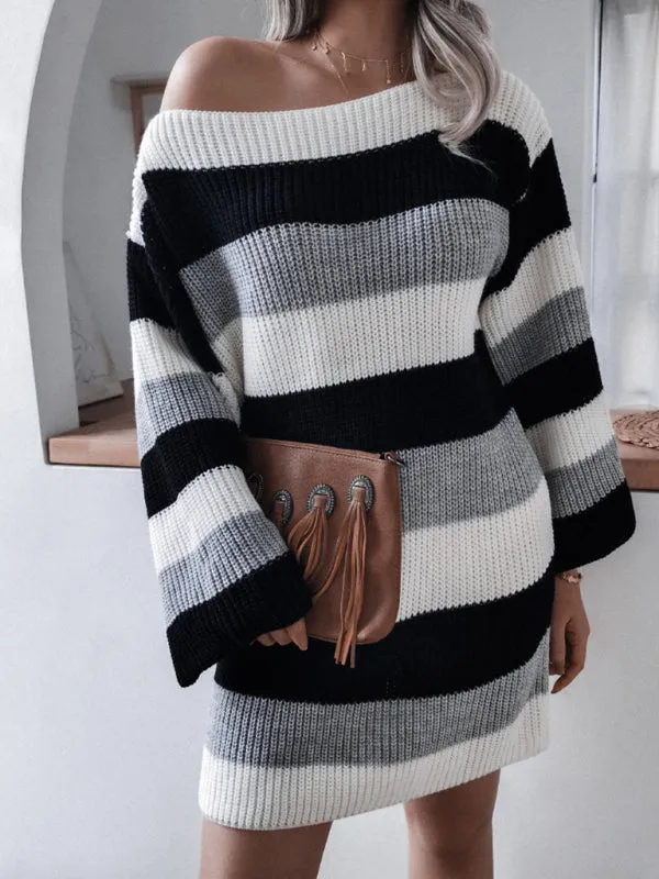 BerryBetty - Women's Straight Neck Off Shoulder Loose Contrast Striped Knitted Wool Sweater Dress