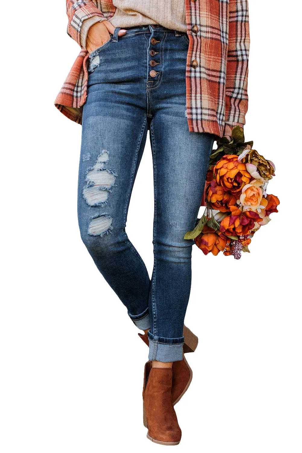 Blue Button High Waist Distressed Skinny Jeans