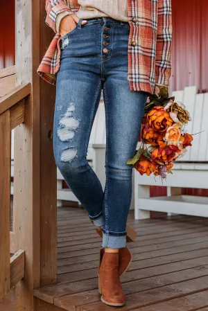 Blue Button High Waist Distressed Skinny Jeans