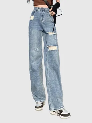 Blue Distressed Washed Straight Fit Denim