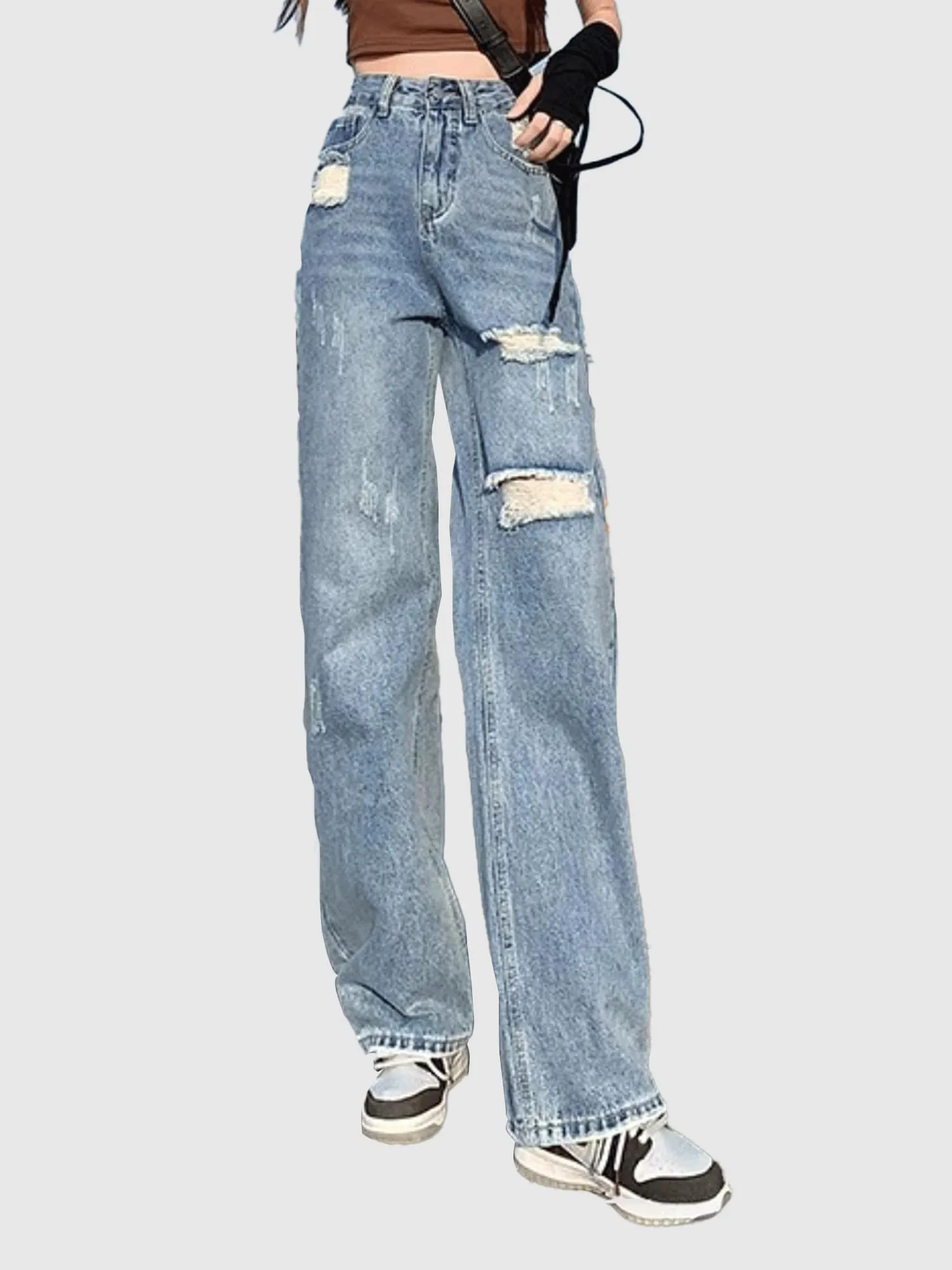 Blue Distressed Washed Straight Fit Denim