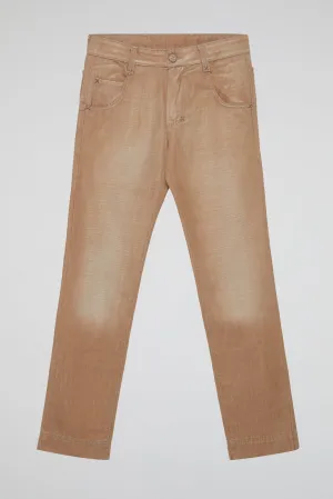 Brown Vintage-Wash Straight-Leg Jeans