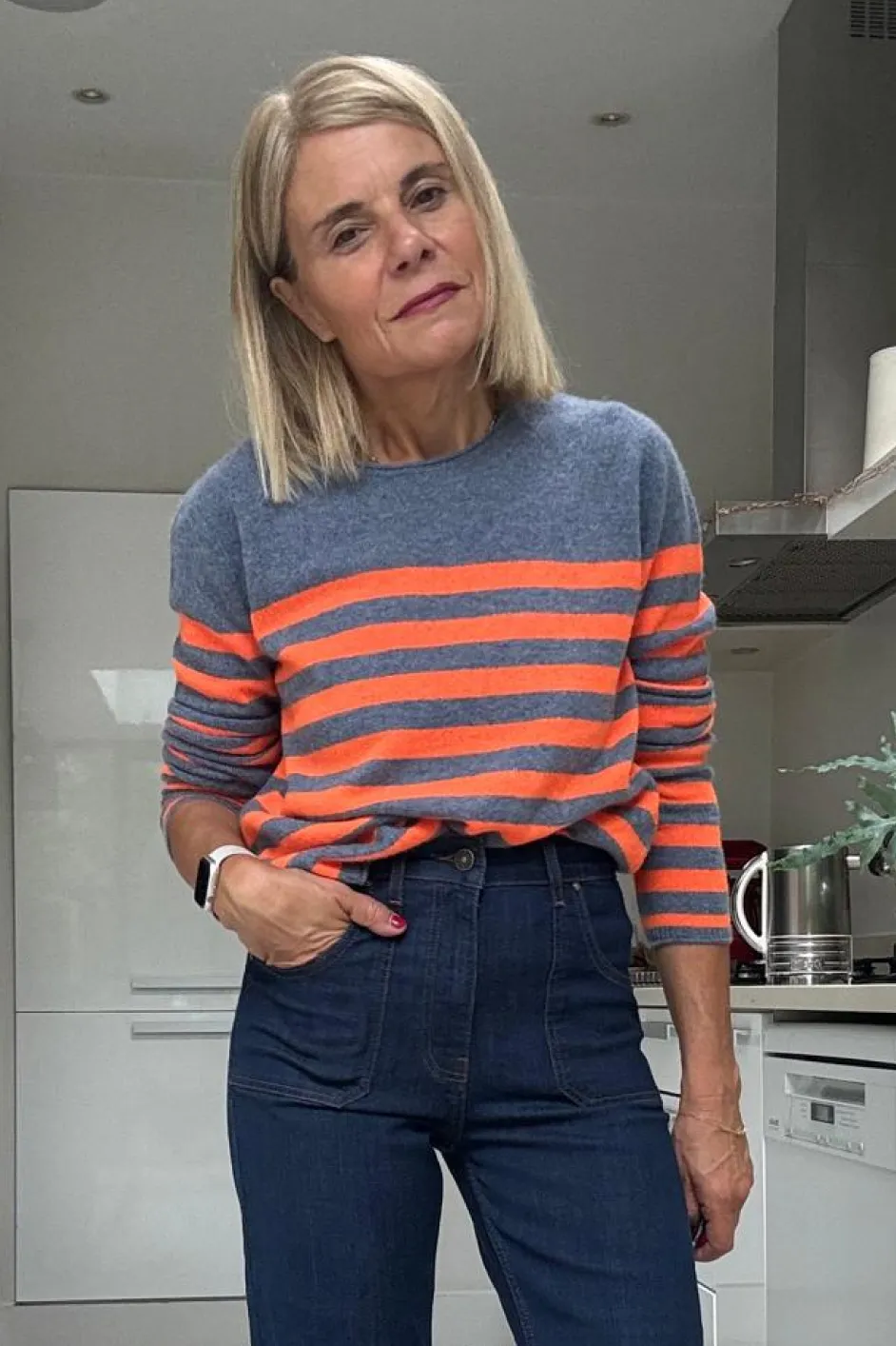 Chrissie Cashmere Jumper - Denim Blue/Neon Orange