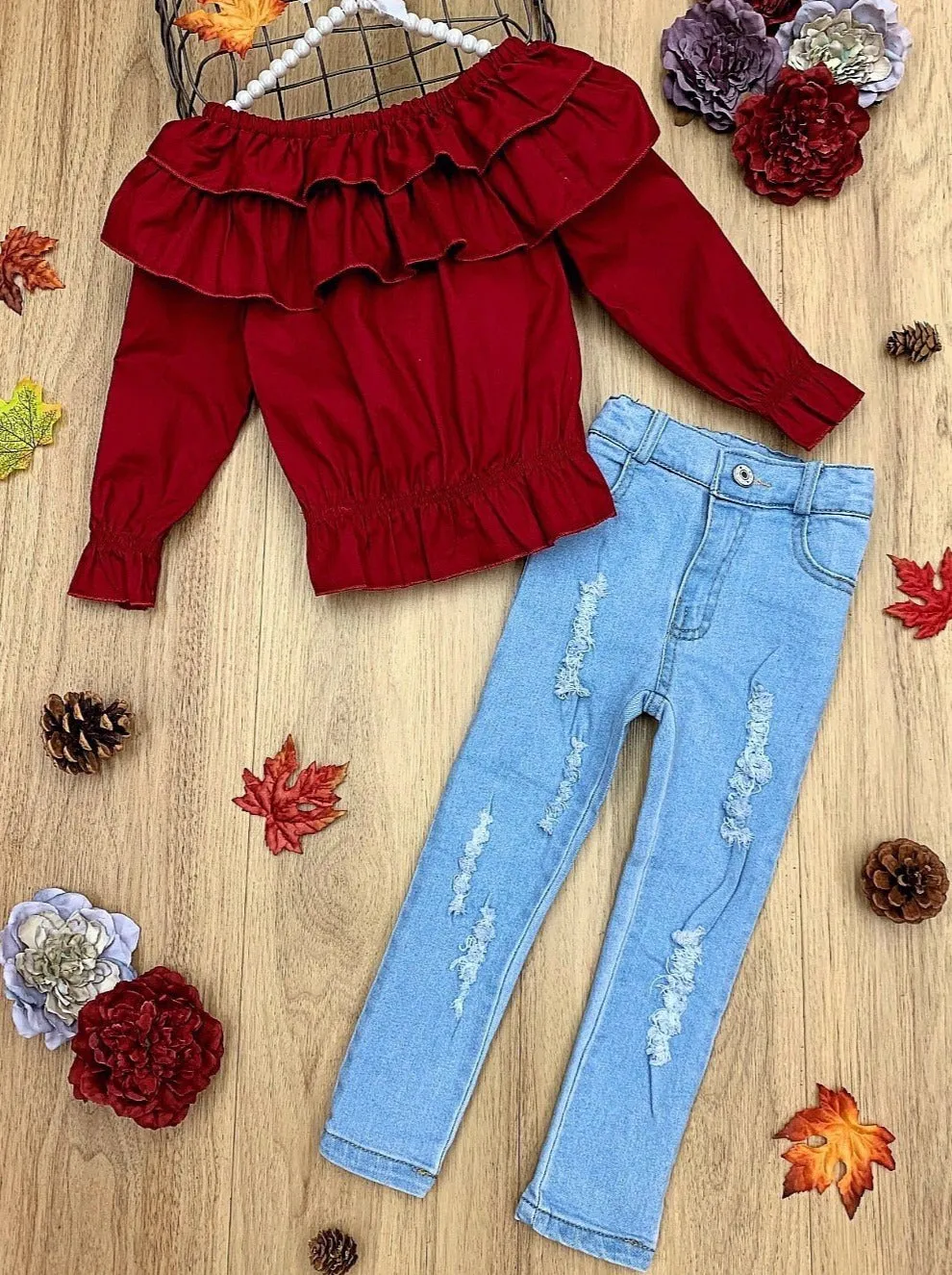 Cranberry Ruffled Bib Top And Distressed Jeans Set