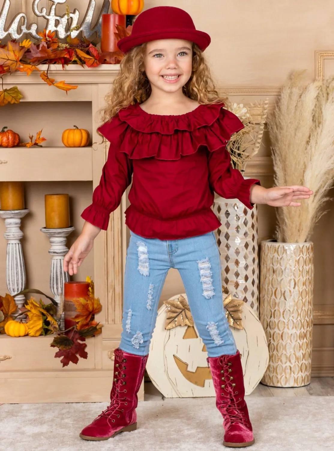 Cranberry Ruffled Bib Top And Distressed Jeans Set