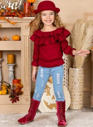 Cranberry Ruffled Bib Top And Distressed Jeans Set