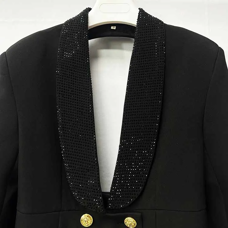 Crystal Embellished Jacket Tunic Spliced Button Diamond Blazer