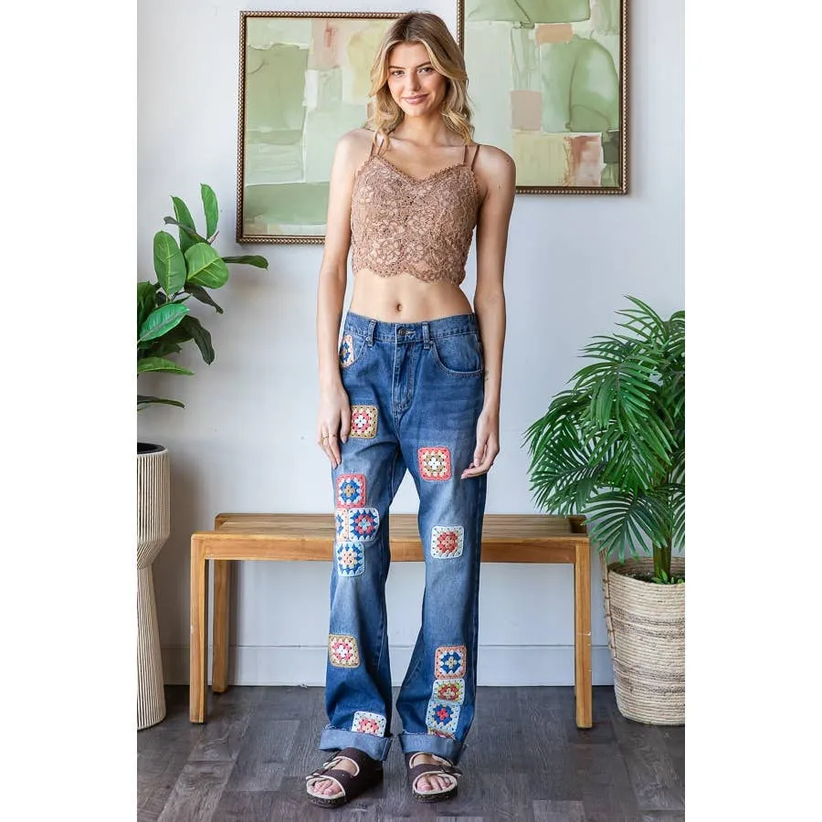 Denim Washed Square Crochet Patchwork Oli Hali Jeans