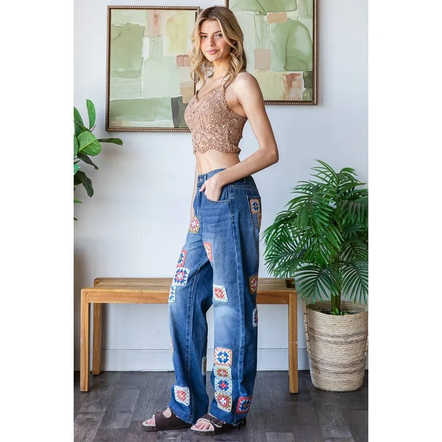Denim Washed Square Crochet Patchwork Oli Hali Jeans