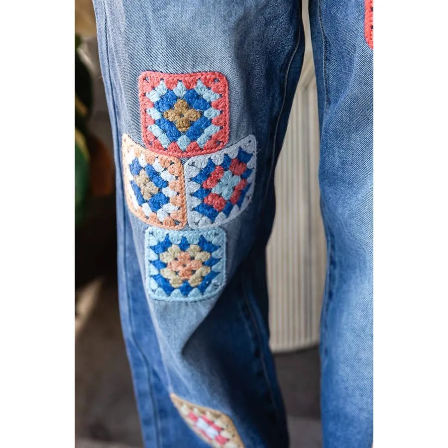 Denim Washed Square Crochet Patchwork Oli Hali Jeans