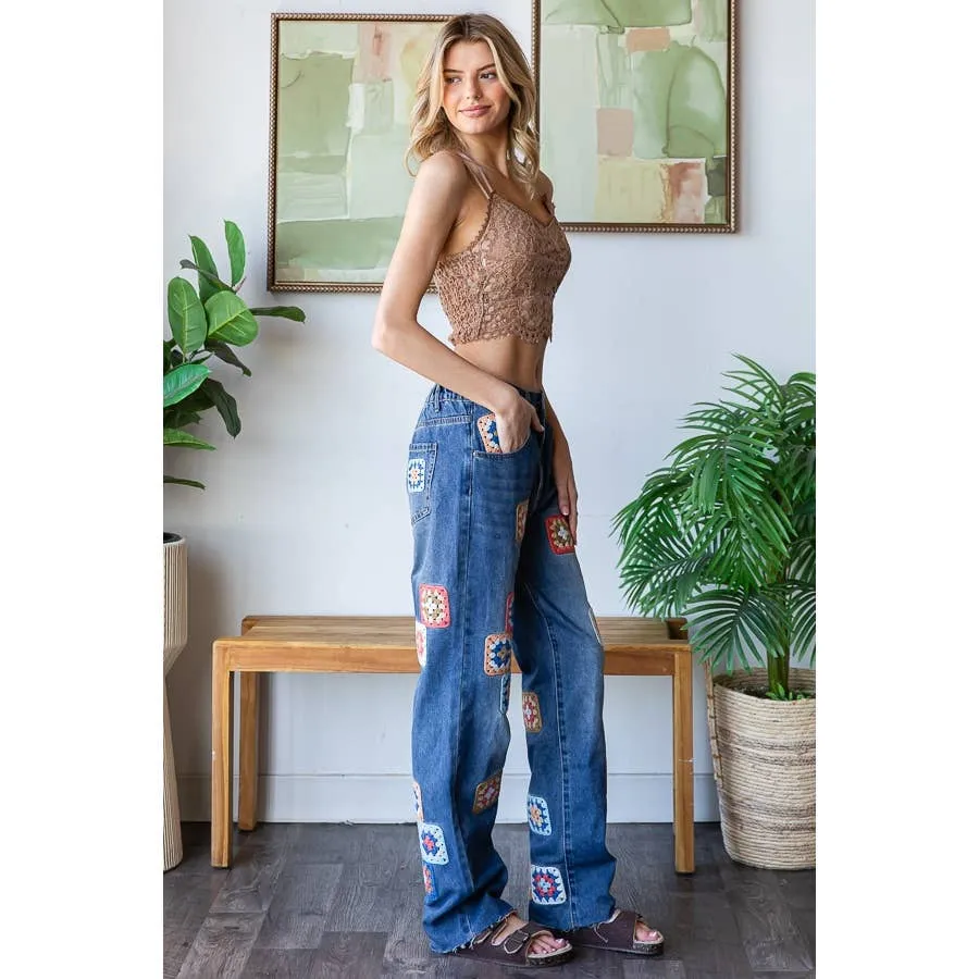 Denim Washed Square Crochet Patchwork Oli Hali Jeans
