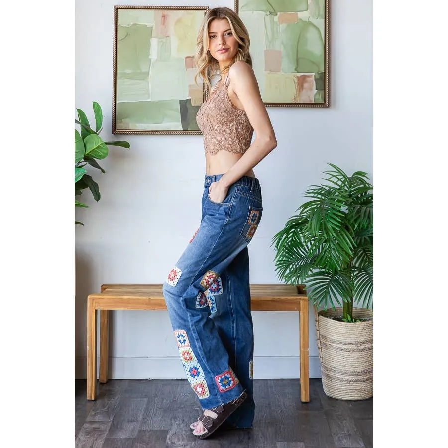 Denim Washed Square Crochet Patchwork Oli Hali Jeans