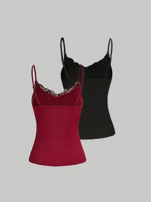 Elegant Lace-Trimmed Two-Piece Camisole Set - V-Neck Tank Top