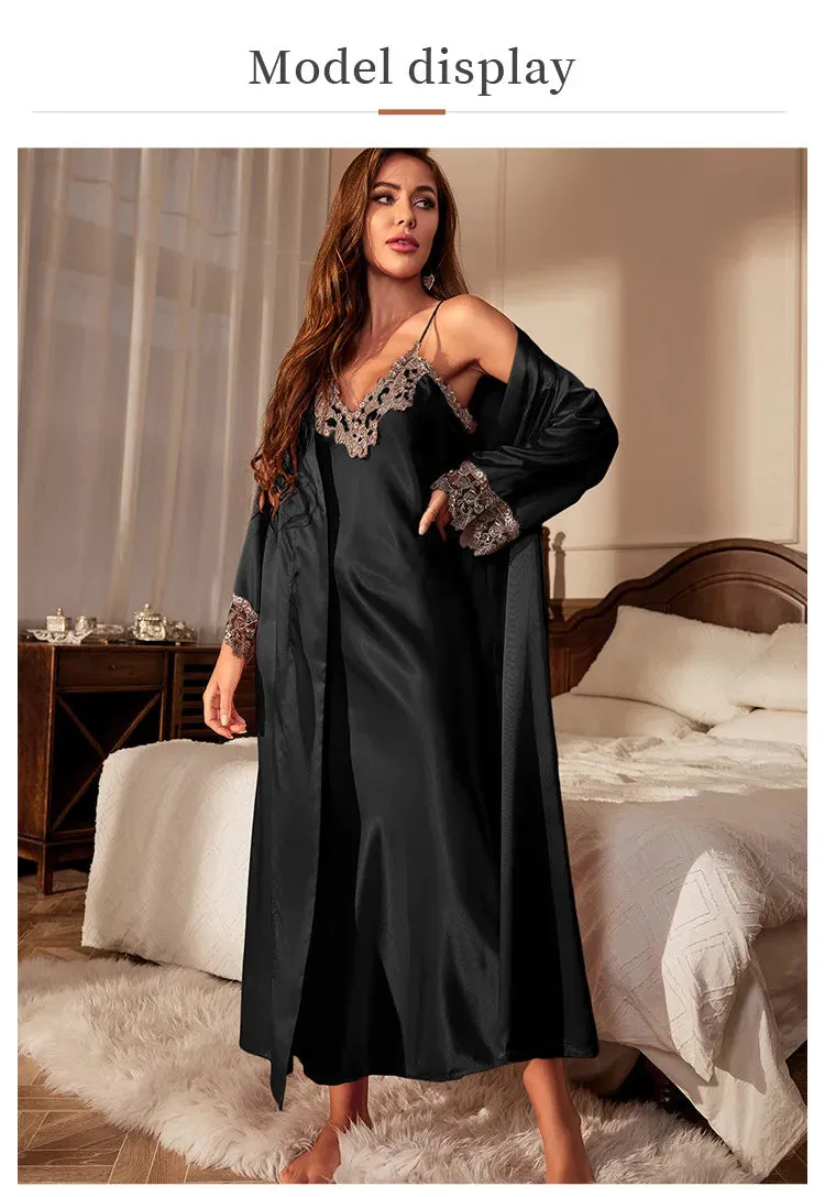 Female Long Twinset Robe Set Nightgown Spring Summer Kimono Bathrobe Gown Sexy Lace Trim Nightdress Satin Home Wear Loungewear