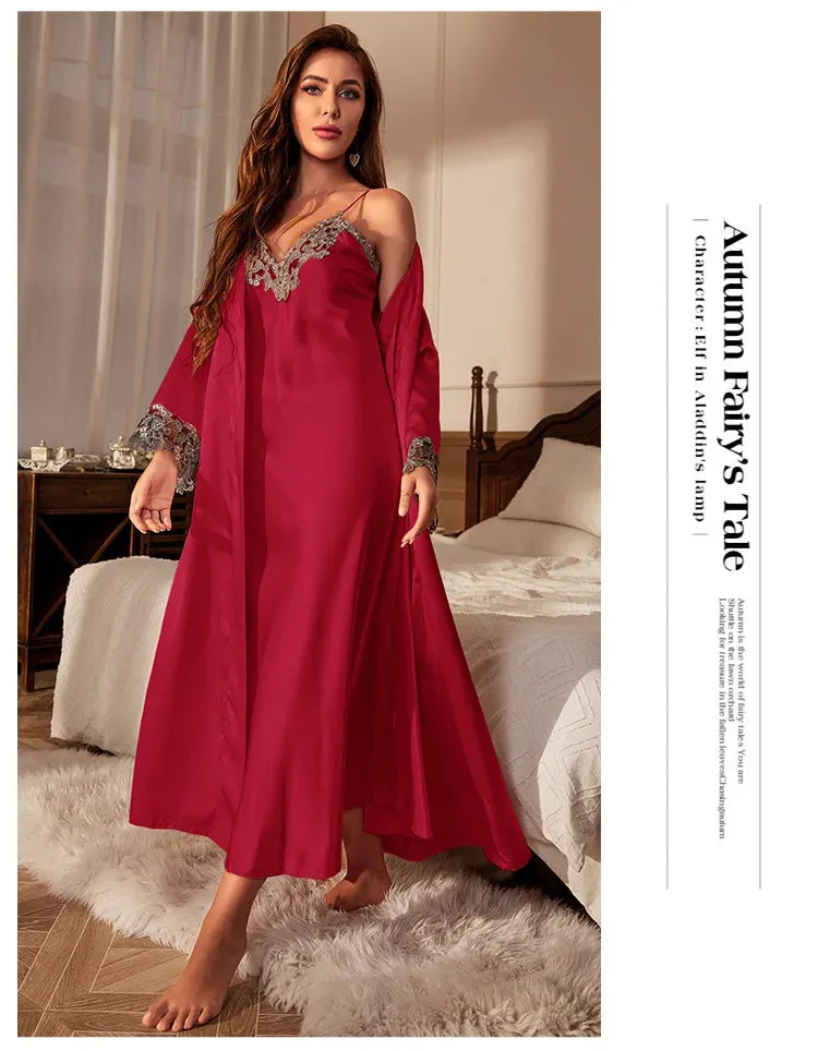Female Long Twinset Robe Set Nightgown Spring Summer Kimono Bathrobe Gown Sexy Lace Trim Nightdress Satin Home Wear Loungewear