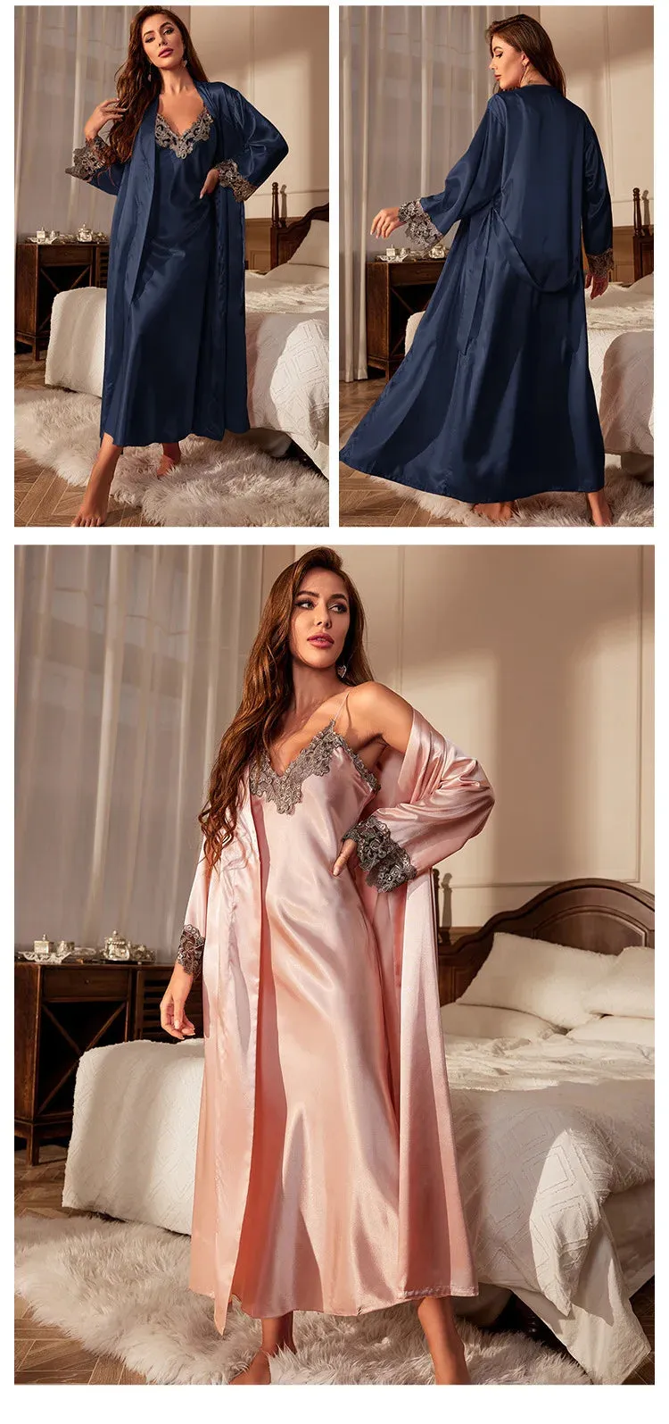 Female Long Twinset Robe Set Nightgown Spring Summer Kimono Bathrobe Gown Sexy Lace Trim Nightdress Satin Home Wear Loungewear
