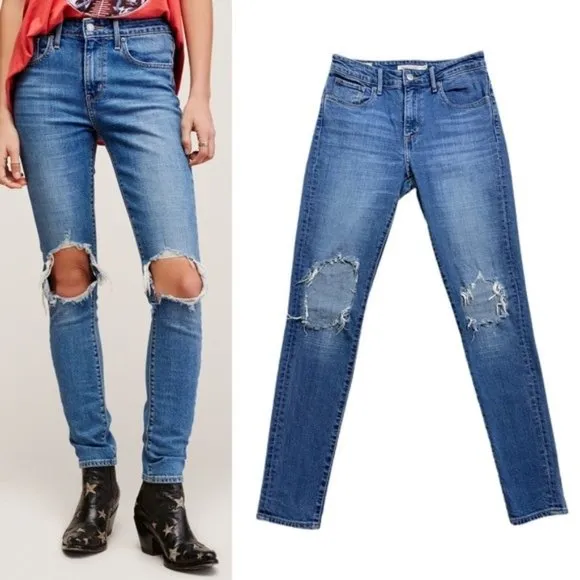 FP Levi's 721‎ Blue Denim Rugged Skinny Distressed Jeans 26
