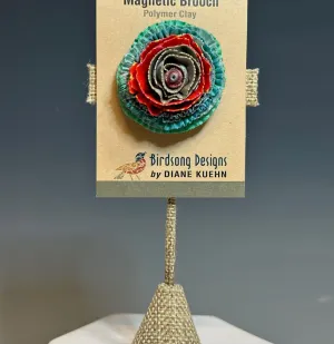 FRILLY FLOWER RIBBON EFFECT POLYMER CLAY MAGNETIC BROOCH  PCB647