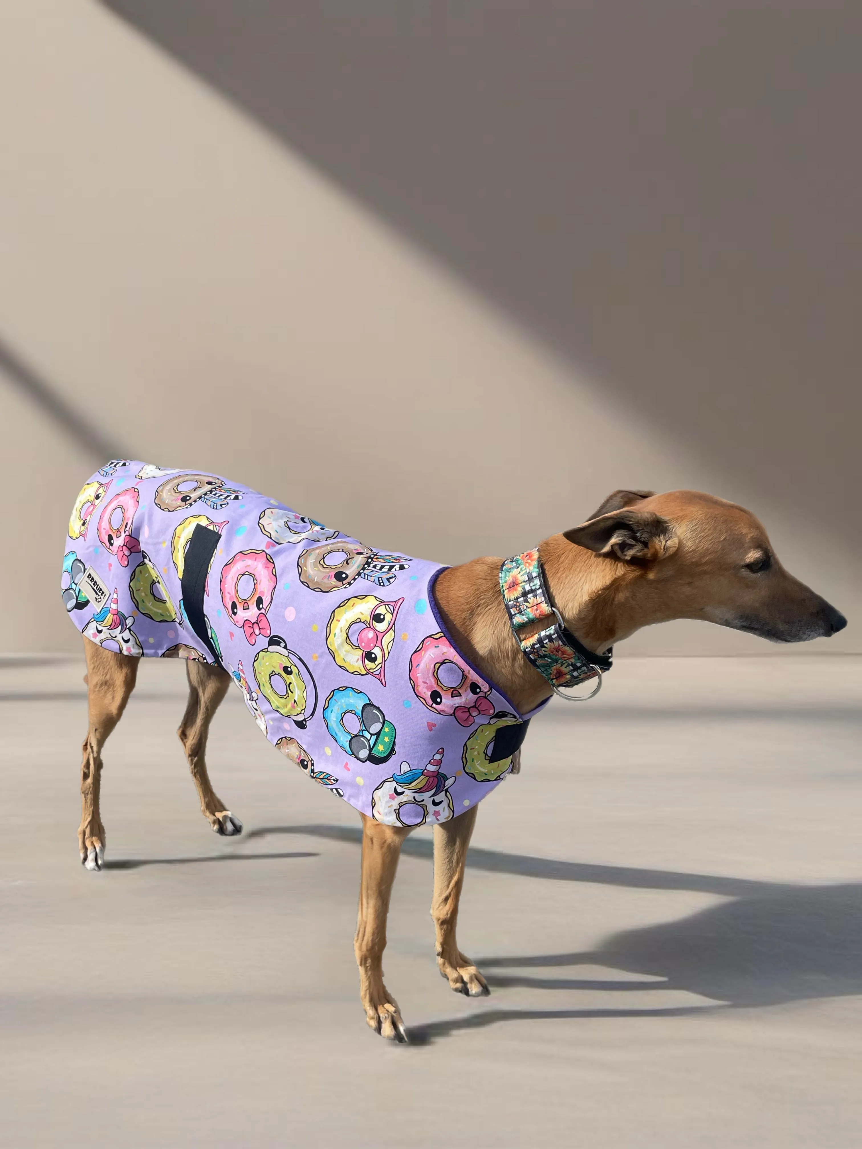 Going Donuts classic style Greyhound coat in a lightweight cotton & plush fleece combo washable