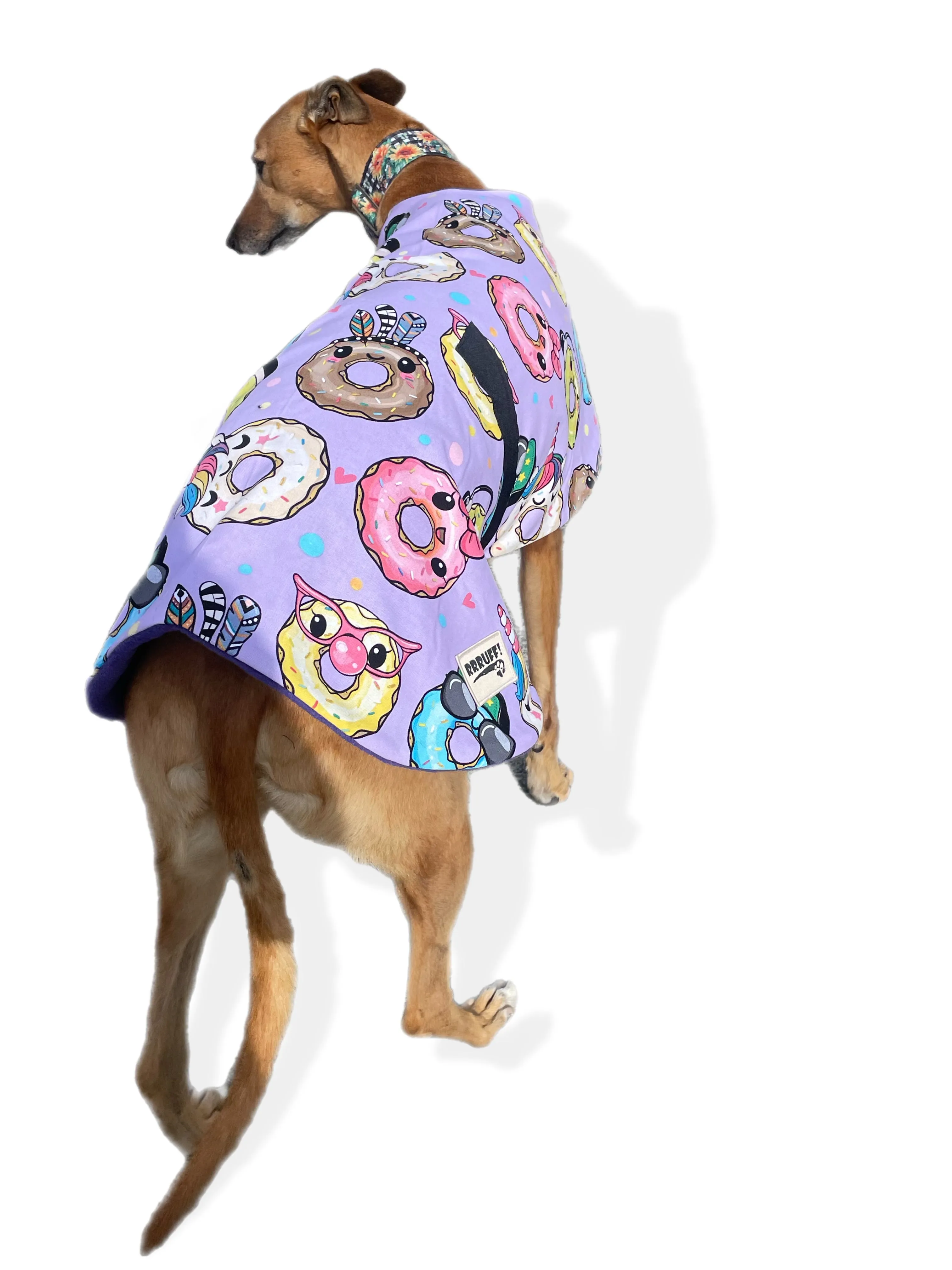 Going Donuts classic style Greyhound coat in a lightweight cotton & plush fleece combo washable