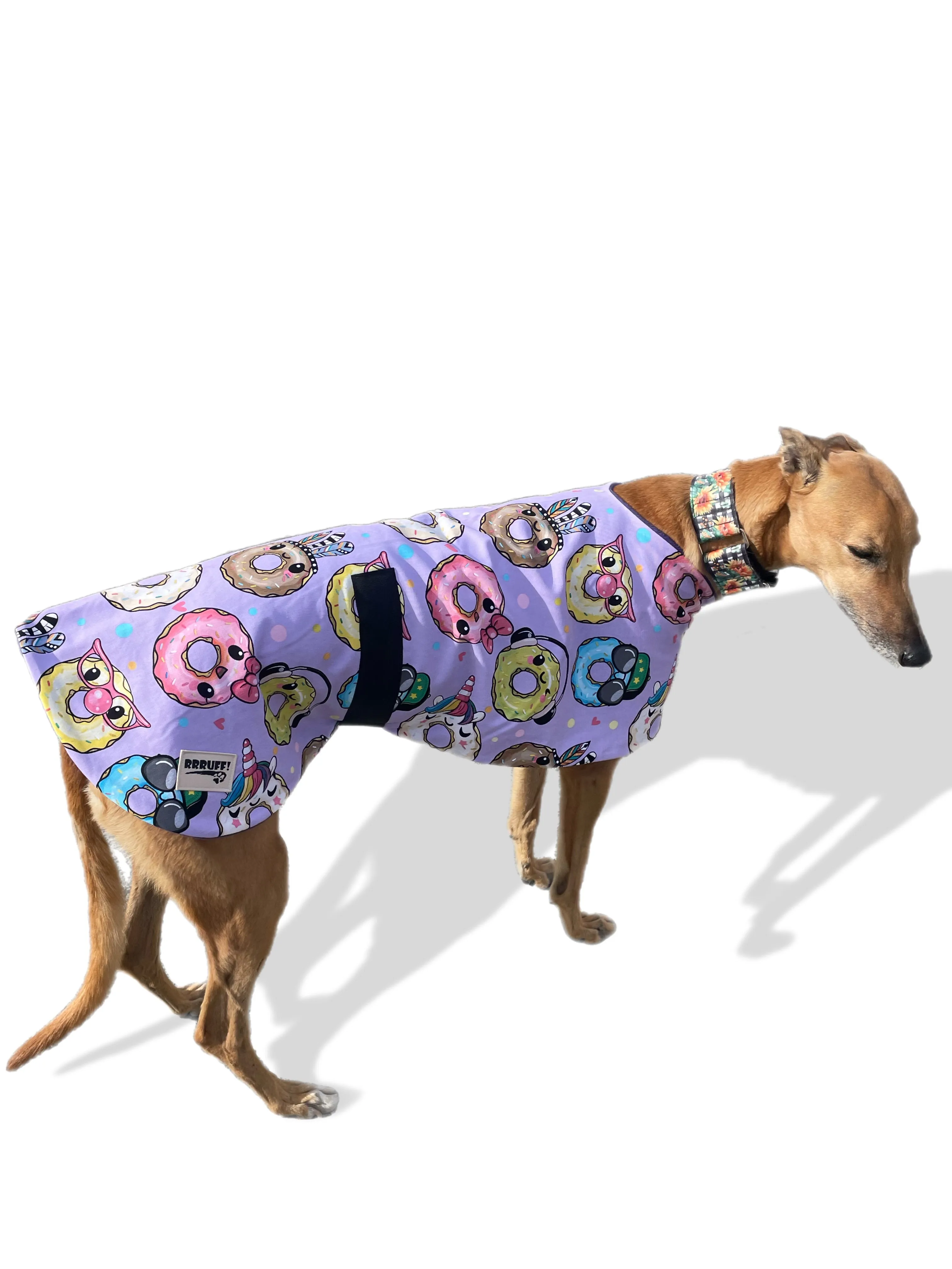 Going Donuts classic style Greyhound coat in a lightweight cotton & plush fleece combo washable